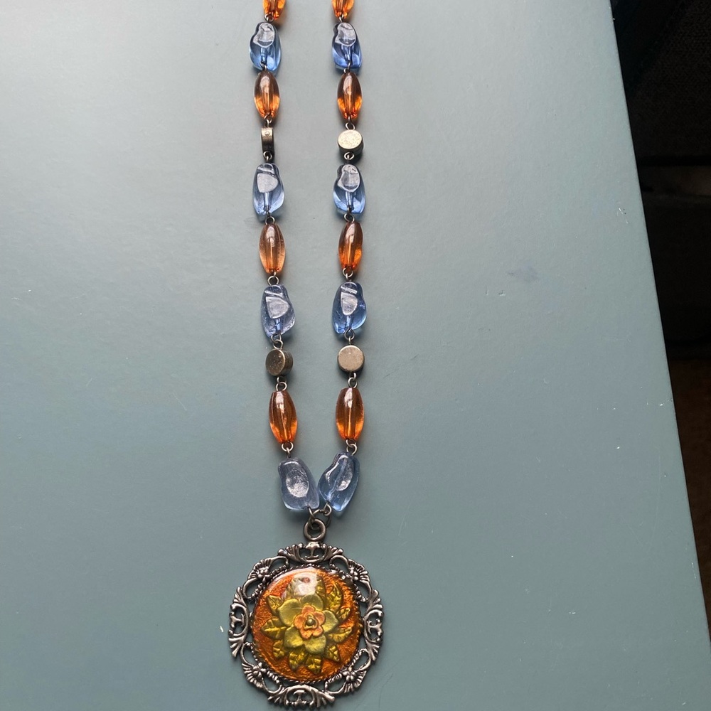 Vibrant Blue and Orange Beaded Necklace with Silver Pendant